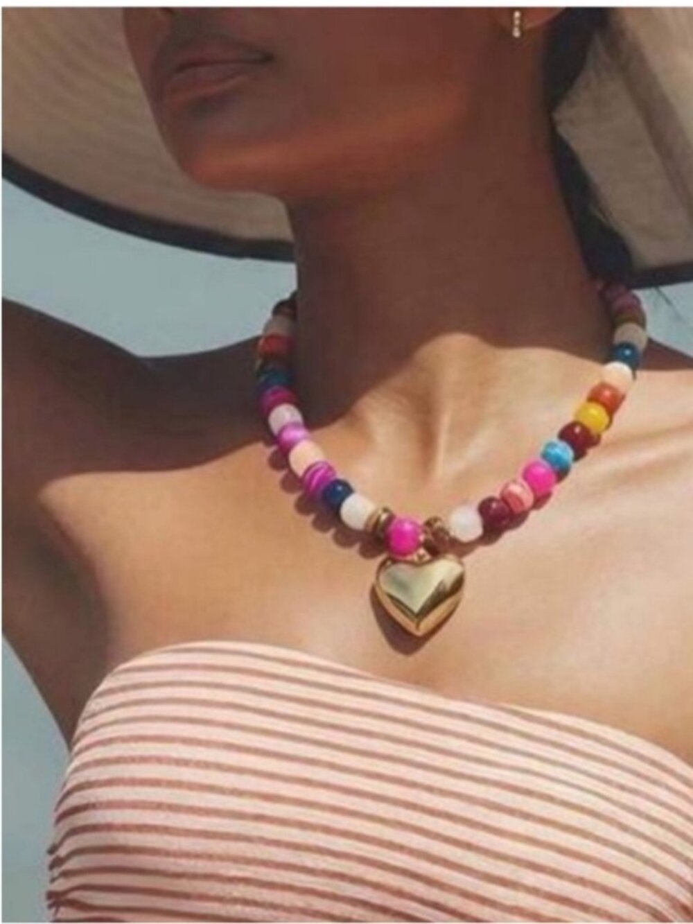 New! Colorful Bead Necklace Gold Heart Pendant Coastal Boho Jewelry NWOT